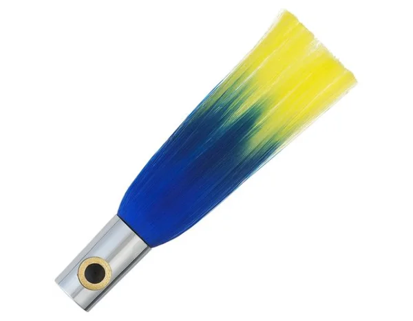 A blue and yellow brush with a black dot on it.