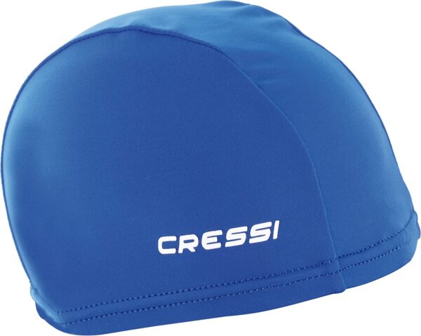 A blue Cressi Super Stretch swimming cap.