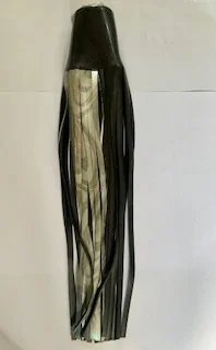 A black and silver Trolling Lure Skirts 13" with a tassel hanging on a white surface.
