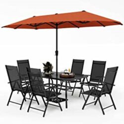 PHI VILLA 7 Piece Patio Dining Set with Umbrella, Large Rectangular Metal Dining Table & Cushioned Rattan Wicker Chairs & 13ft Orange Red Umbrella for Outdoor, Deck, Yard, Porch