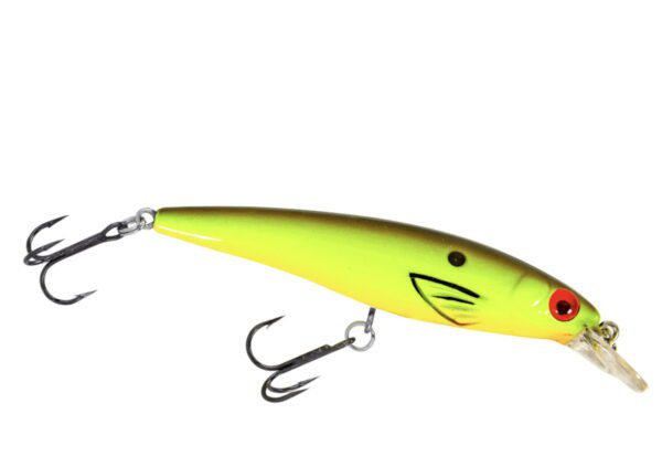 A yellow and black lure on a white background.