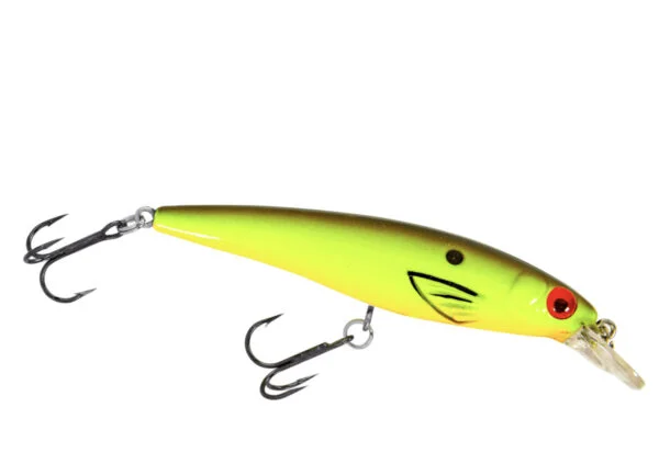 A yellow and black lure on a white background.