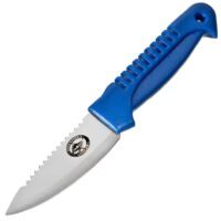 Dive knife with blue handle and serrated edge.