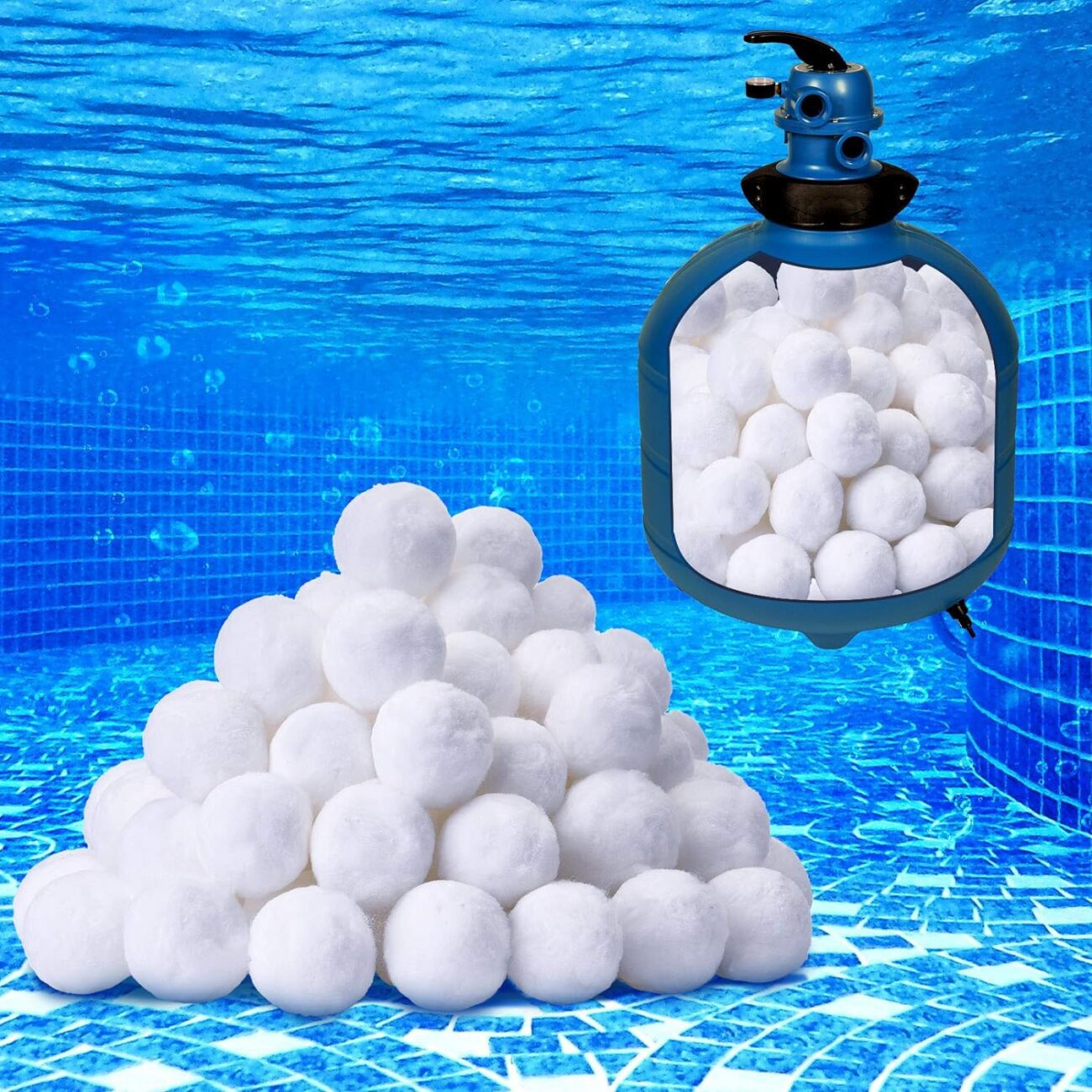 Filter Balls are reusable, eco-friendly pool filter balls made of 100% polyethylene that can filter particles as small as 3 microns. They are available in different sizes and quantities, including a 1 cubic foot bag of FilterBalls Blu